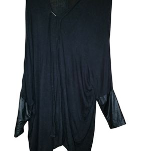 Love & Legend faux leather trim sleeve cardigan with pin